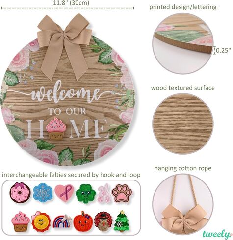 Interchangeable Welcome Sign, Wall Hanging Home Decor, Seasonal Front Door Wood Wreath, Housewarming or Holiday Gift with 12 Special Occasion Felties and Ribbon Bow - Standard Set in Saudi Arabia