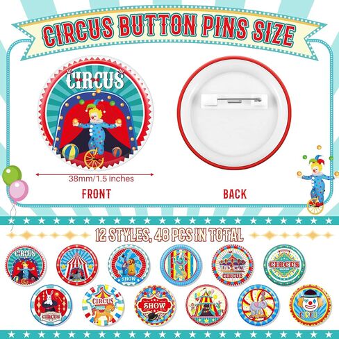 48 Pieces 1.5 Inch Circus Party Favors Circus Button Pins for Backpack Circus Theme Party Decorations for Clothes Jean Hat Jackets Carnival Baby Shower Birthday, 12 Styles in Saudi Arabia
