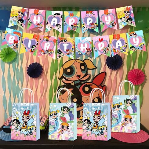 16 قطعة من أكياس الهدايا الورقية للحفلات للفتيات من Powerpuff Girls، طرازان من حقائب هدايا الحفلات مع مقابض لتزيين حفلات أعياد الميلاد الكرتونية للأطفال، وأكياس هدايا الحلوى in Kuwait