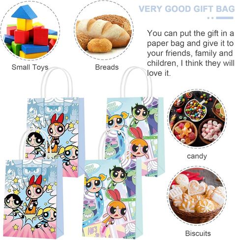16 قطعة من أكياس الهدايا الورقية للحفلات للفتيات من Powerpuff Girls، طرازان من حقائب هدايا الحفلات مع مقابض لتزيين حفلات أعياد الميلاد الكرتونية للأطفال، وأكياس هدايا الحلوى in Kuwait