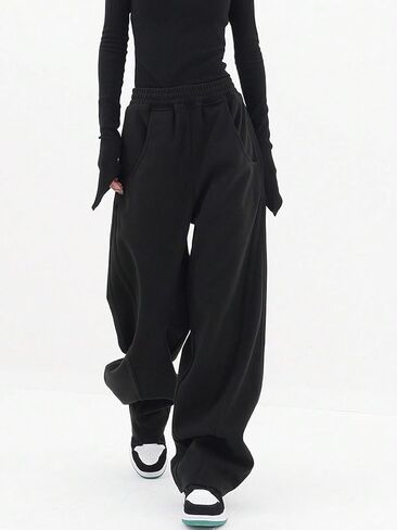 OYOANGLE Women's High Elastic Waisted Straight Leg Sweatpants Solid Loose Fit Casual Pants with Pocket in Saudi Arabia