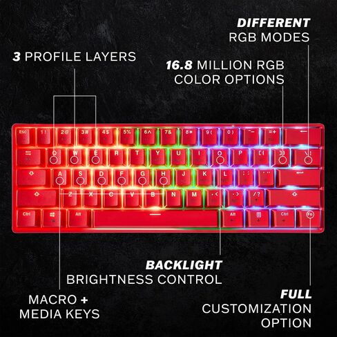 HK Gaming GK61 Mechanical Gaming Keyboard 60 Percent | 61 RGB Rainbow LED Backlit Programmable Keys | USB Wired | for Mac and Windows PC | Hotswap Gateron Mechanical Yellow Switches | Red in Kuwait