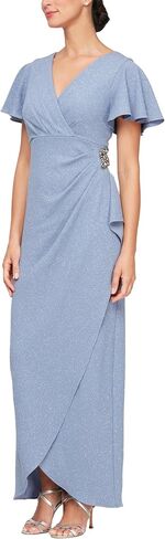 S.L. Fashions Women's Long V-Neck Empire Waist Dress with Side Ruffle in Saudi Arabia