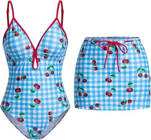 Verdusa Women's 2 Piece Gingham Lace Up Backless One Piece Swimsuit with Beach Cover Up Skirt Set in Saudi Arabia
