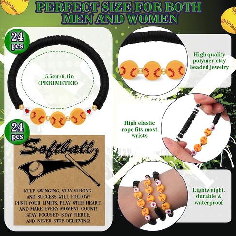 24 PCS Softball Bracelets Team Gifts – Adjustable Bead Charm Bracelets with Motivational Cards for Softball Players, Girls Team Party Favors, Sport Birthday Goodie Bag Bulk Supplies in Saudi Arabia