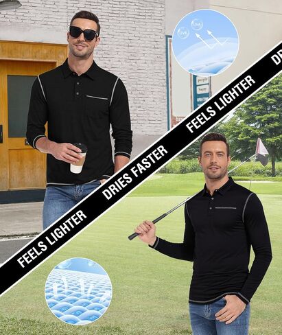 V VALANCH Mens Casual Polo Shirts Long Sleeve Golf Shirts with Pocket Lightweight Work Athletic in Kuwait