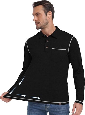 V VALANCH Mens Casual Polo Shirts Long Sleeve Golf Shirts with Pocket Lightweight Work Athletic in Kuwait