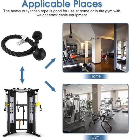 Triceps Rope, Push Pull Cord Multi Gym LAT Cable Attachment for Weight Stack Cable Equipment, Optimise Tricep Contraction, Large, Solid Rubber Ends for Comfortable Grip, Good in Saudi Arabia