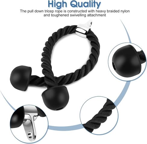 Triceps Rope, Push Pull Cord Multi Gym LAT Cable Attachment for Weight Stack Cable Equipment, Optimise Tricep Contraction, Large, Solid Rubber Ends for Comfortable Grip, Good in Saudi Arabia
