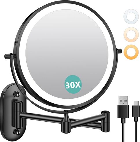 1X/30X Wall Mounted Lighted Makeup Mirror, 8" 3200 mAh Rechargeable Double-Sided Magnifying Mirror, Touch Dimmable 3 Color Lights, 360° Rotating Foldable 14.5" Extension Arm, Brushed Nickel in Saudi Arabia
