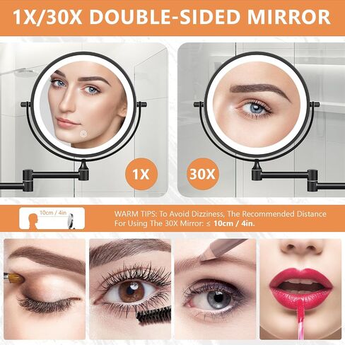 1X/30X Wall Mounted Lighted Makeup Mirror, 8" 3200 mAh Rechargeable Double-Sided Magnifying Mirror, Touch Dimmable 3 Color Lights, 360° Rotating Foldable 14.5" Extension Arm, Brushed Nickel in Saudi Arabia