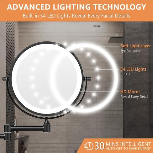 1X/30X Wall Mounted Lighted Makeup Mirror, 8" 3200 mAh Rechargeable Double-Sided Magnifying Mirror, Touch Dimmable 3 Color Lights, 360° Rotating Foldable 14.5" Extension Arm, Brushed Nickel in Saudi Arabia