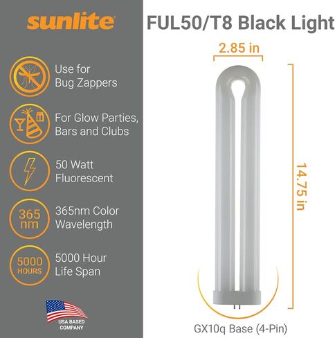Sunlite 05180-SU T10 Fluorescent U-Shaped Light Bulb, 50 Watts, UV Light, 365nm Color Wavelength, GX10q 4-Pin Base, Plug-In, 5,000 Hour Life Span, Clubs, Restaurants, Party Lights, Blacklight, 1 Count in Saudi Arabia