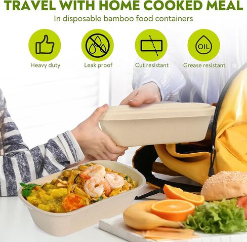 37 Oz Bamboo Disposable Food Containers, 50 Pack - Heavy Duty, Microwavable, Oven Safe - Perfect For Meal Prep, Salads, Lunch, To Go Food - Biodegradable (Brown) in Kuwait