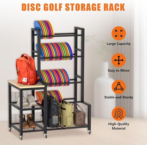 Disc Golf Storage Rack with Wheels – Heavy Duty Metal Disc Golf Rack for Discs, Backpacks & Accessories – Ideal for Garage, Home, or Store Display in Kuwait