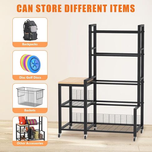 Disc Golf Storage Rack with Wheels – Heavy Duty Metal Disc Golf Rack for Discs, Backpacks & Accessories – Ideal for Garage, Home, or Store Display in Kuwait