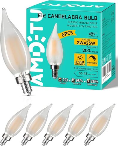 Amdtu E12 LED Candelabra Bulb 25 واط مكافئ قابلة للضايق شمعة مصباح دافئ أبيض 2700 كيل in Kuwait