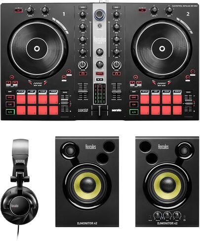 Hercules DJControl Inpulse 300 MK2 & Stream Essential Kit DJ Bundle, Includes Stream 200 XLR and XLR Microphone HXD-700 XLR microphone + 3 Months Voicemod Pro, (OBS, Streamlabs), Compatible with PC On in Kuwait