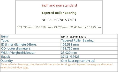 1PC Inch Bearing NP 171062 NP 539191 109.538X158.75X23.020MM Cone + Cup Single-Row Tapered Roller Bearings Non Standard in Saudi Arabia