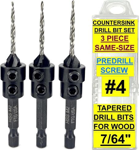 FTG USA 6 Pc #6 (9/64") Countersink Drill Bit Set with Tapered Drill Bits | Includes 6 counter sink drill bit for wood, all same size. Each countersink comes with depth stop and hex key in storage case in Saudi Arabia