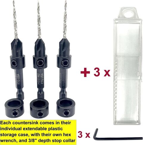 FTG USA 6 Pc #6 (9/64") Countersink Drill Bit Set with Tapered Drill Bits | Includes 6 counter sink drill bit for wood, all same size. Each countersink comes with depth stop and hex key in storage case in Saudi Arabia