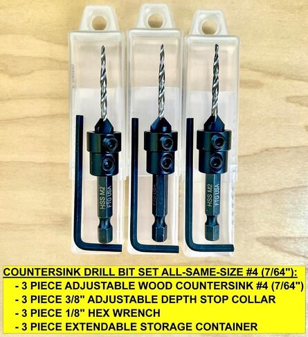 FTG USA 6 Pc #6 (9/64") Countersink Drill Bit Set with Tapered Drill Bits | Includes 6 counter sink drill bit for wood, all same size. Each countersink comes with depth stop and hex key in storage case in Saudi Arabia