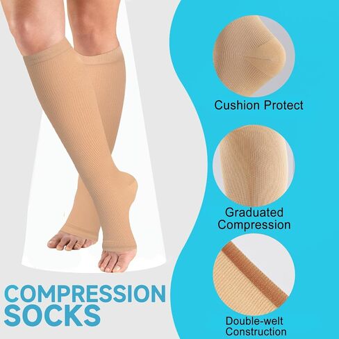 Open Toe Compression Socks 15-20 mmHg for Women and Men Knee High Toeless Circulation Compression Stockings in Kuwait