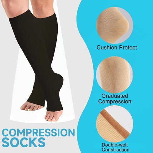 Open Toe Compression Socks 15-20 mmHg for Women and Men Knee High Toeless Circulation Compression Stockings in Kuwait