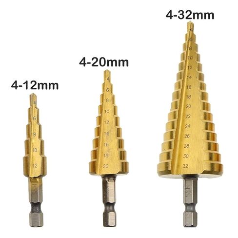 3PC HSS Step Cone Taper Drill Bit Set Hole Metric 4-12/20/32mm Hex Shank Titanium Metal Stepped Drill Bit(3PCS(4-12 4-20 4-32)) in Saudi Arabia