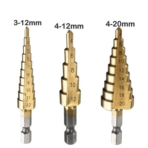 3PC HSS Step Cone Taper Drill Bit Set Hole Metric 4-12/20/32mm Hex Shank Titanium Metal Stepped Drill Bit(3PCS(4-12 4-20 4-32)) in Saudi Arabia