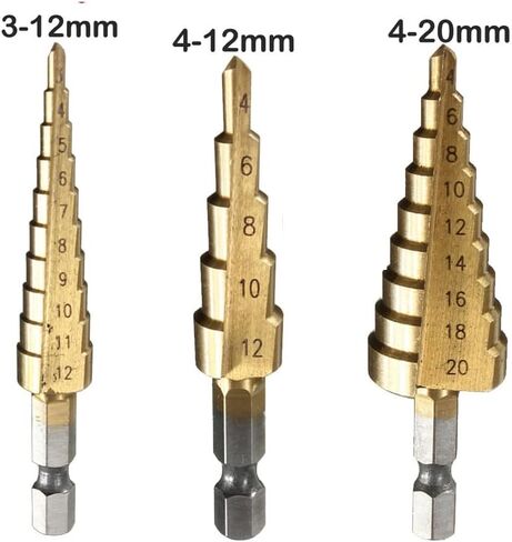 3PC HSS Step Cone Taper Drill Bit Set Hole Metric 4-12/20/32mm Hex Shank Titanium Metal Stepped Drill Bit(3PCS(4-12 4-20 4-32)) in Saudi Arabia