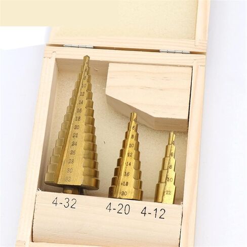 3PCS Large Step Cone Steel Spiral Grooved Step Drill Bit Set Hole Cutter Cut Tool 4-12/20/32mm Wood Box in Saudi Arabia