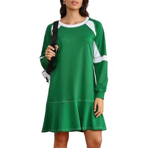 Ladyful Women's 2025 Fall Long Sleeve Mini Dress Loose Patchwork A-Line Sweatshirt Dresses Ruffle Flowy Athletic Outfits in Kuwait