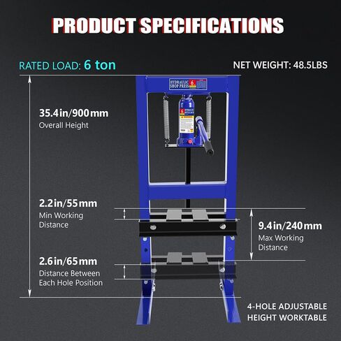 6 Ton Hydraulic Shop Press, H-Frame Garage Floor Adjustable Shop Press with Stamping Plates to Bend, Straighten, Or Press Parts, Install Bearings & U-Joints in Saudi Arabia