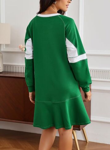Ladyful Women's 2025 Fall Long Sleeve Mini Dress Loose Patchwork A-Line Sweatshirt Dresses Ruffle Flowy Athletic Outfits in Saudi Arabia