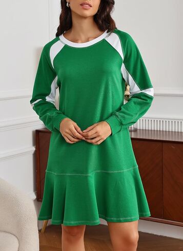 Ladyful Women's 2025 Fall Long Sleeve Mini Dress Loose Patchwork A-Line Sweatshirt Dresses Ruffle Flowy Athletic Outfits in Saudi Arabia