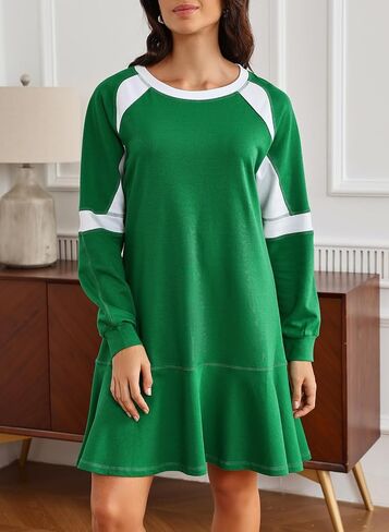 Ladyful Women's 2025 Fall Long Sleeve Mini Dress Loose Patchwork A-Line Sweatshirt Dresses Ruffle Flowy Athletic Outfits in Saudi Arabia