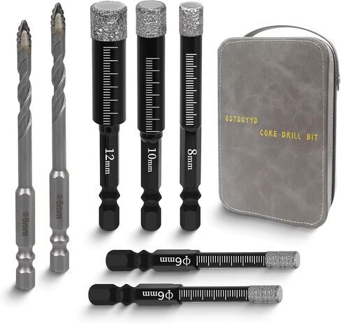 Diamond Drill Bit Set,Tile Hole Saw Drill Bits for Ceramic,Granite,Tile,Glass,Marble,Brick,Stone,Built in Coolant for Fast Dry Drilling，5pcs Diamond Drill Bit+2pcs Serrated Masonry Drill Bit in Kuwait