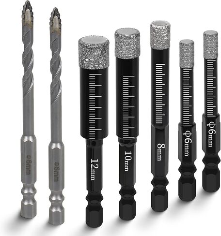 Diamond Drill Bit Set,Tile Hole Saw Drill Bits for Ceramic,Granite,Tile,Glass,Marble,Brick,Stone,Built in Coolant for Fast Dry Drilling，5pcs Diamond Drill Bit+2pcs Serrated Masonry Drill Bit in Kuwait