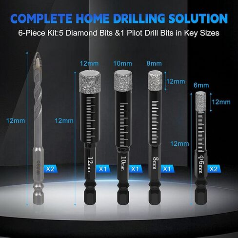 Diamond Drill Bit Set,Tile Hole Saw Drill Bits for Ceramic,Granite,Tile,Glass,Marble,Brick,Stone,Built in Coolant for Fast Dry Drilling，5pcs Diamond Drill Bit+2pcs Serrated Masonry Drill Bit in Kuwait