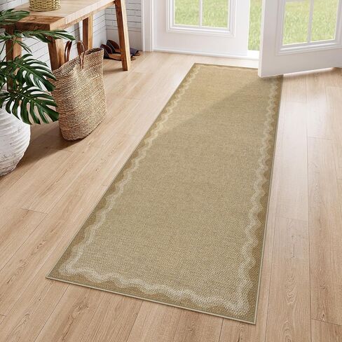 LIVEBOX Scalloped Easy Jute 2x5 Runner Kitchen Rug, Washable Non Slip Tan Rugs for Entryway Hallway, Indoor Outdoor Rug Geometric Farmhouse Carpet Door Mat Runners for Porch Bedroom Laundry Room in Saudi Arabia