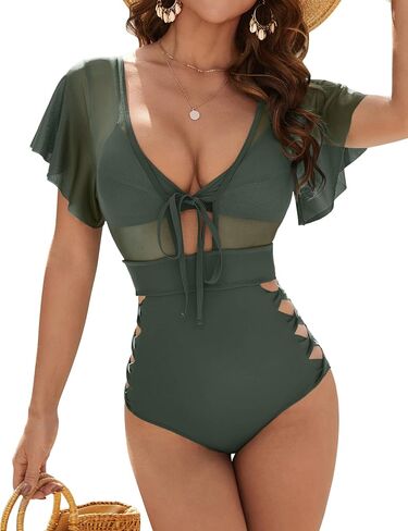 Blooming Jelly Women's One Piece Swimsuit Tummy Control High Waisted Mesh Bathing Suit with Triangle Bikini Top in Saudi Arabia