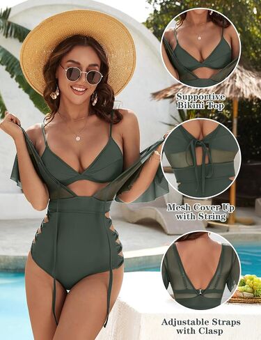 Blooming Jelly Women's One Piece Swimsuit Tummy Control High Waisted Mesh Bathing Suit with Triangle Bikini Top in Saudi Arabia