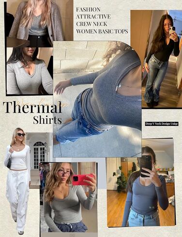 Ekouaer Deep V Neck Shirts for Women Long Sleeve Thermal Tops Slim Fit Lightweight Undershirts Soft Low Cut Tees XS-XXL in Saudi Arabia