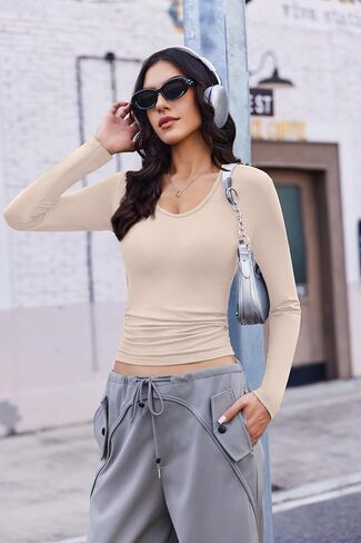 Ekouaer Deep V Neck Shirts for Women Long Sleeve Thermal Tops Slim Fit Lightweight Undershirts Soft Low Cut Tees XS-XXL in Saudi Arabia