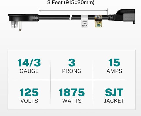 FIRMERST 1875W Flat Plug Extension Cord 3 Feet 14 AWG 15A White, 1 Pack in Kuwait