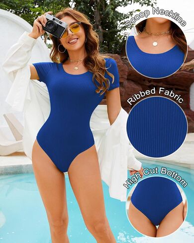 Tummy Control Swimsuits for Women Ribbed One Piece Bathing Suit Full Coverage Retro Short Sleeve Black Swim Suit in Kuwait