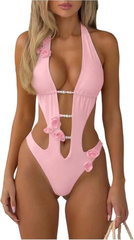 Wdirara Women's 3D Floral Cut One One One Swimsuit Deep v Tie Devin Halter Wartybly in Kuwait