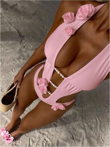Wdirara Women's 3D Floral Cut One One One Swimsuit Deep v Tie Devin Halter Wartybly in Kuwait