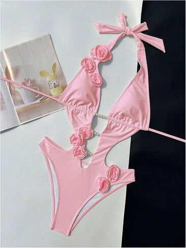 Wdirara Women's 3D Floral Cut One One One Swimsuit Deep v Tie Devin Halter Wartybly in Kuwait